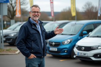 Homme d age moyen devant des minivans en concession