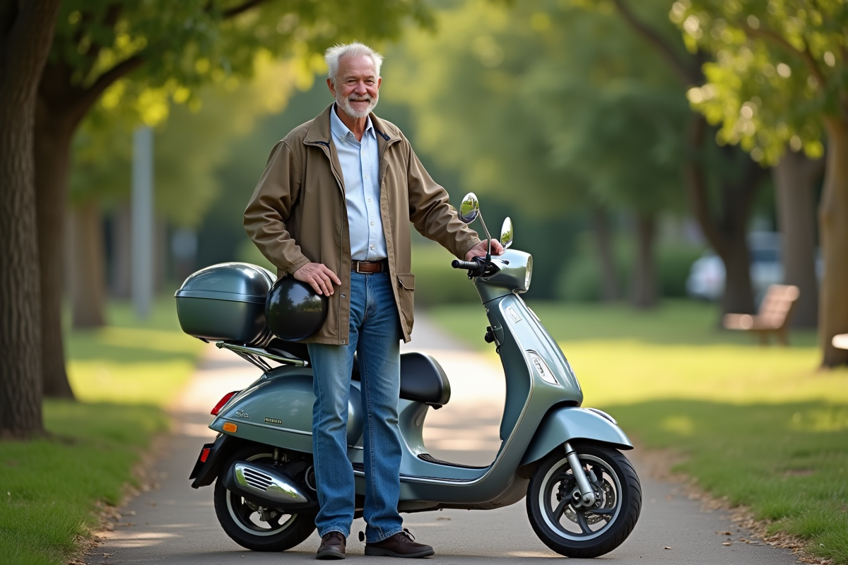 Homme âgé avec scooter dans un parc verdoyant