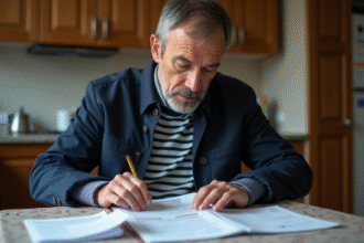 Homme d'âge moyen triant des papiers officiels sur la table