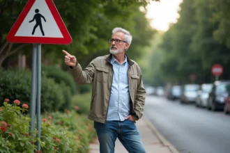 Homme d'âge moyen pointant un panneau triangulaire rouge