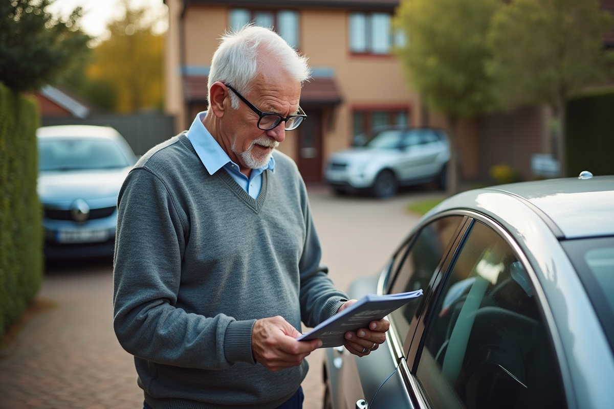 Homme âgé vérifiant un livret de garantie à l