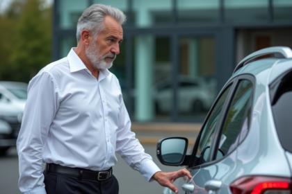 Homme d'affaires examine une voiture chinoise en concession