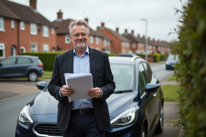 Homme d'âge moyen avec documents d'assurance devant sa voiture