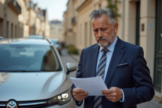 Homme d'âge moyen examine un document à côté d'une voiture