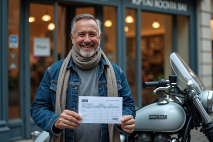 Homme souriant avec carte d'immatriculation et sidecar