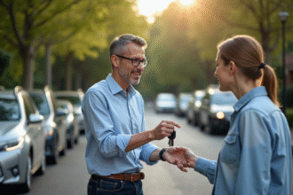 Homme d'affaires avec clés de voiture devant une berline dans un quartier résidentiel