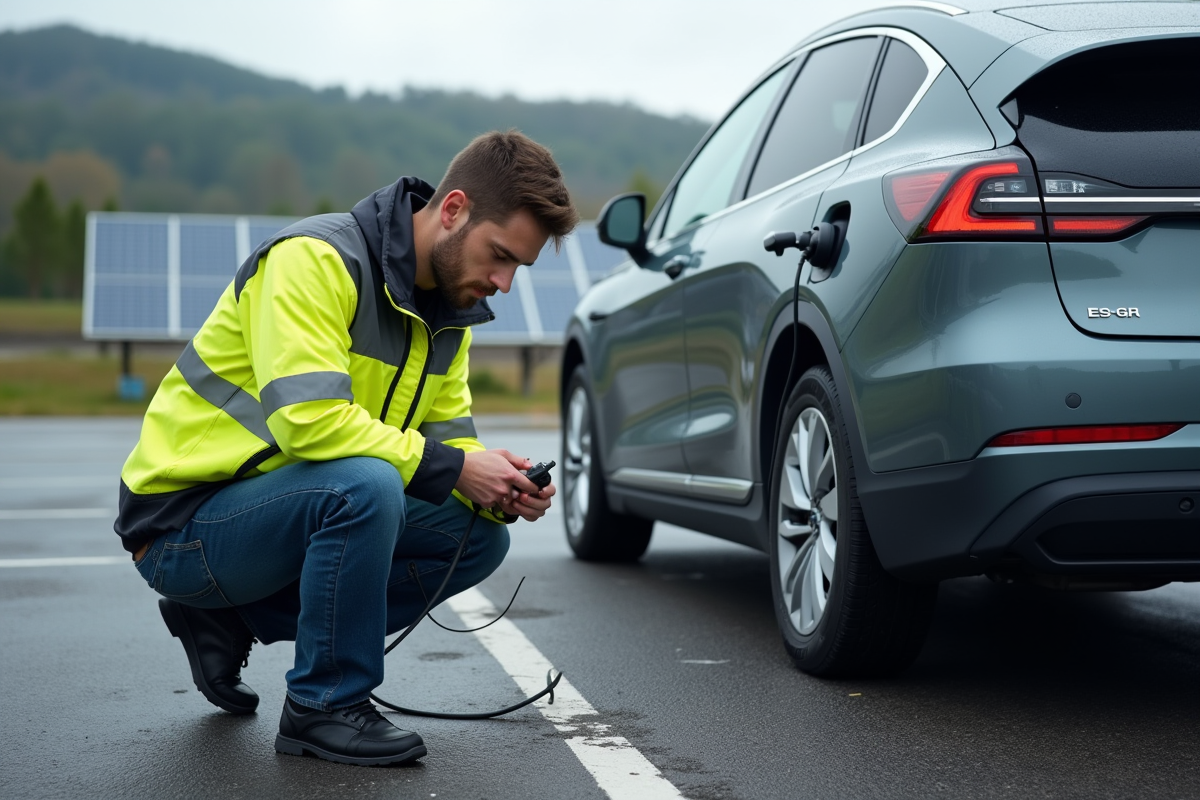 Ingenieur vérifiant la station de recharge électrique