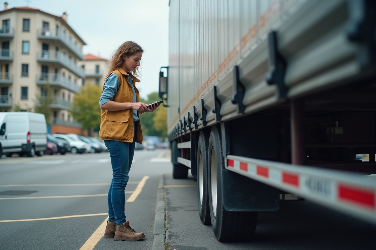 Jeune femme inspectant remorque en parking urbain