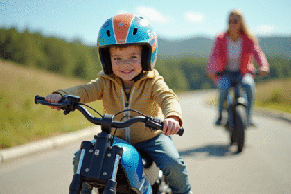 Jeune enfant roulant en moto électrique sur une piste sécurisée