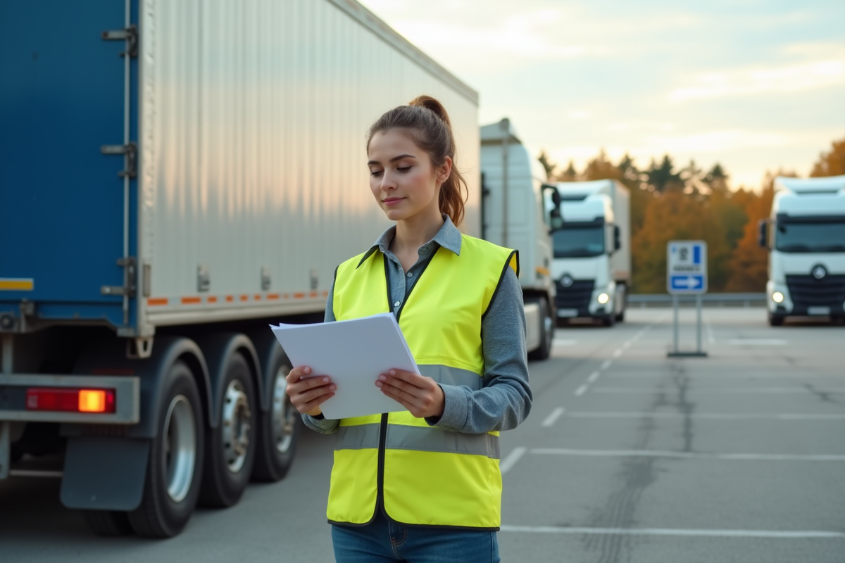 Jeune femme logisticienne avec documents devant camion