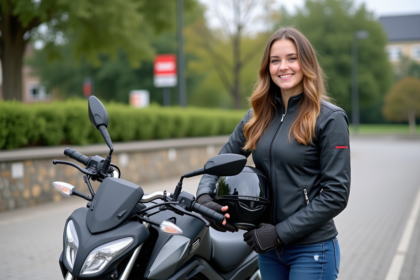Jeune femme souriante avec moto et casque en environnement urbain