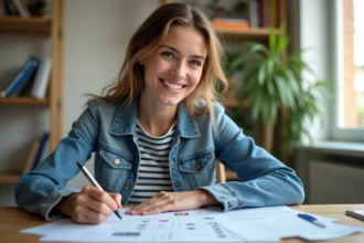 Jeune femme remplissant papiers de voiture dans un appartement