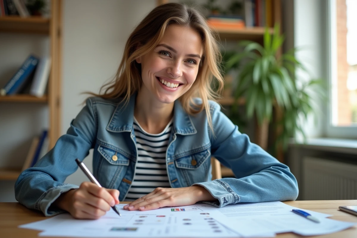 Jeune femme remplissant papiers de voiture dans un appartement
