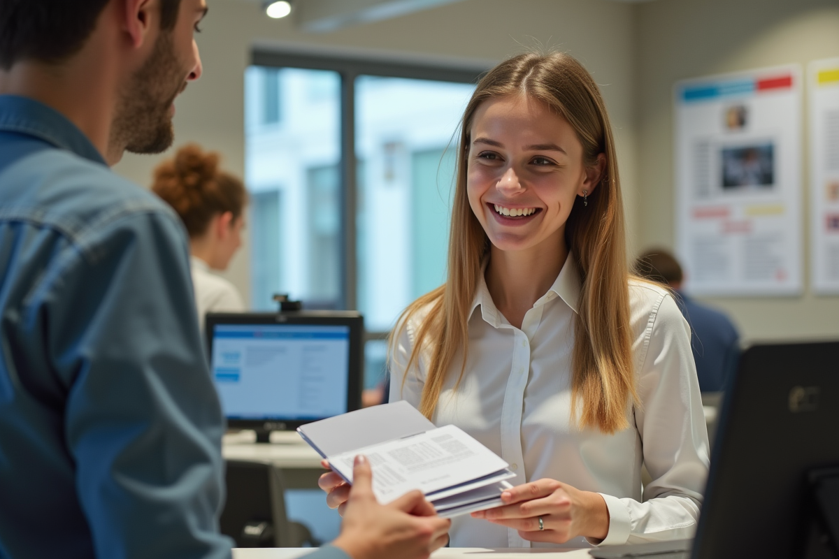 Jeune femme remettant son permis à la préfecture en intérieur