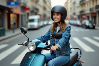 Jeune femme en denim sur scooter en ville