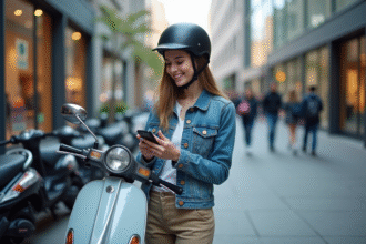 Jeune femme en denim avec casque et scooter en ville