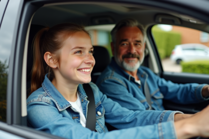 Jeune fille souriante dans une voiture avec son père en extérieur