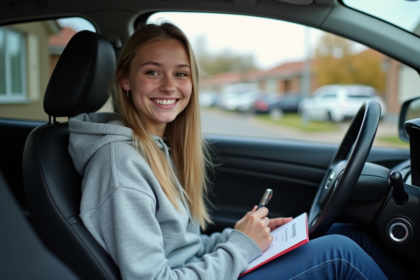 Jeune fille souriante dans sa voiture avec clés et assurance