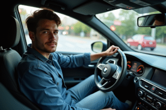Jeune homme au volant d'une voiture urbaine en conduite