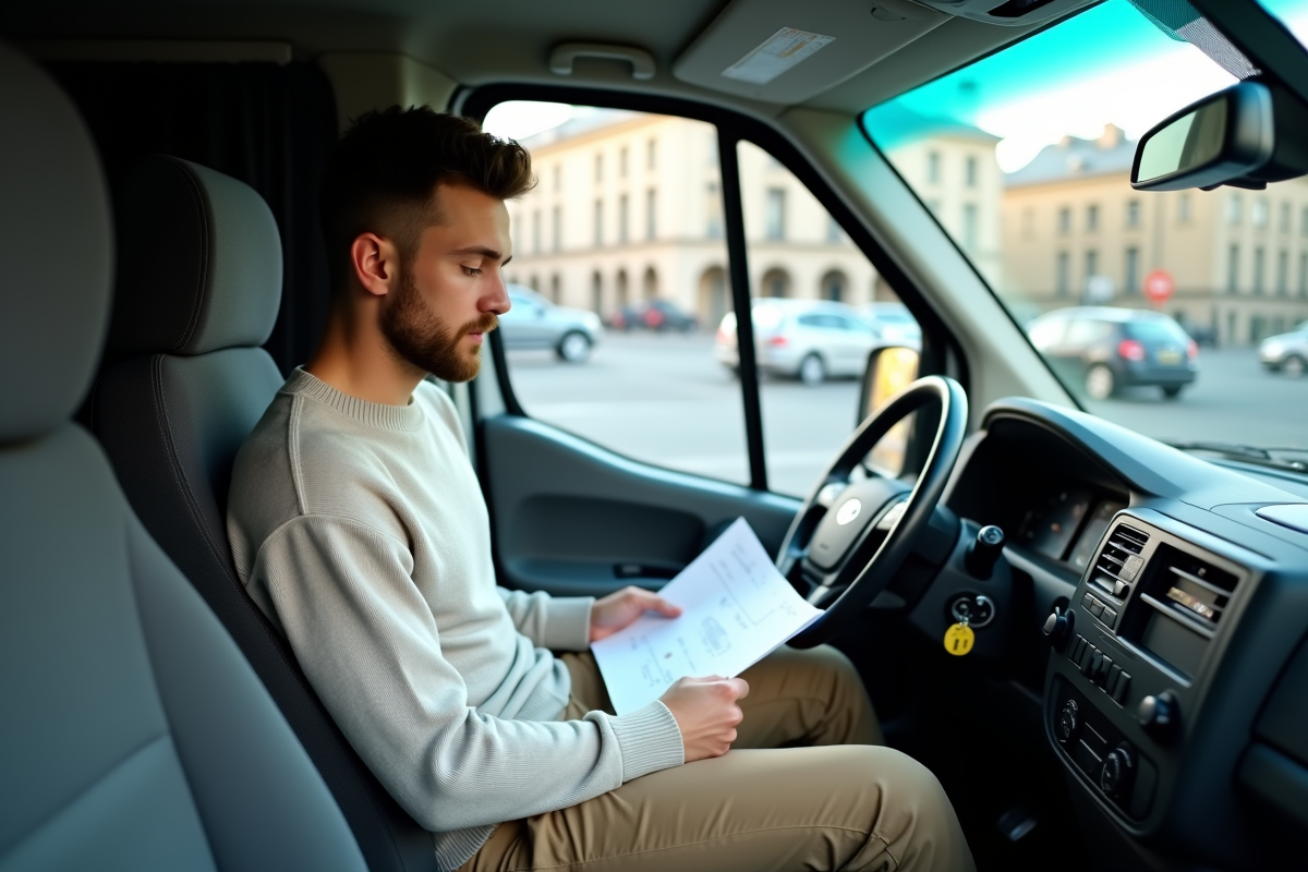 Jeune homme examinant des papiers dans l’intérieur du van