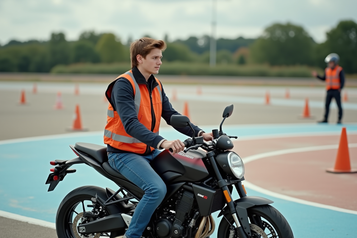 Jeune homme en formation moto sur circuit extérieur
