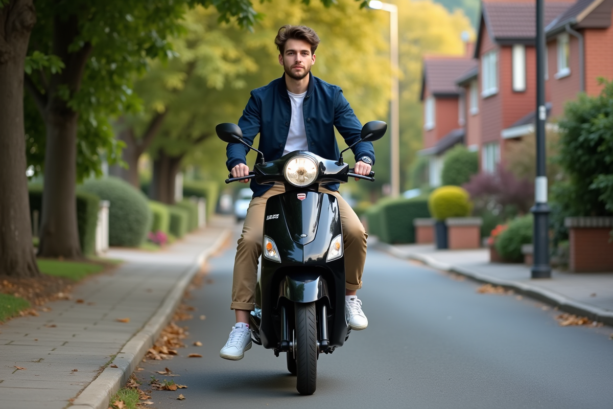 Jeune homme en tenue décontractée sur scooter suburbain