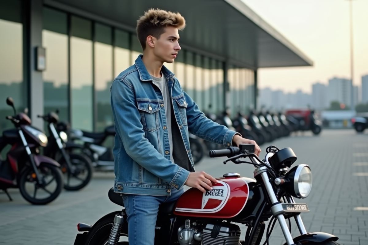 Jeune homme examine une moto 125cc en concession