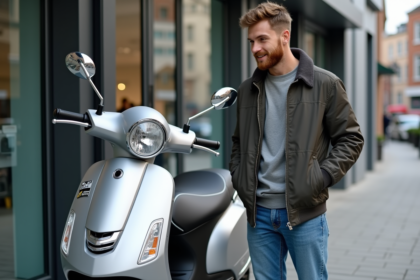 Jeune homme souriant à côté d'un scooter neuf en ville