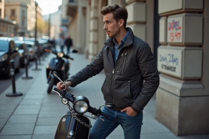 Jeune homme verrouillant son scooter en ville