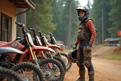 Jeune homme en gear motocross avec bikes 125cc en extérieur