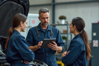 Mecanicien expliquant les resultats a une cliente dans un garage moderne