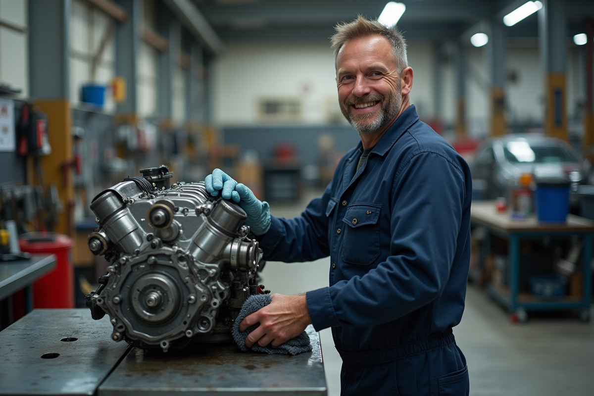 Mécanicien homme souriant près d'un moteur démonté dans un garage