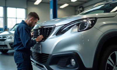 Mécanicien professionnel travaillant sur une Peugeot 2008 dans un atelier lumineux