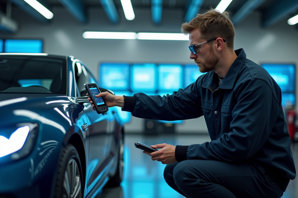 Mecanicien utilisant un appareil futuriste pour verifier la pression
