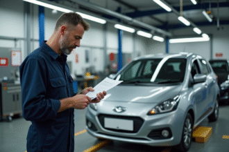 Mécanicien homme examinant un rapport d inspection automobile