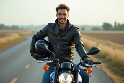 Jeune homme en moto en pleine nature avec paysage ouvert