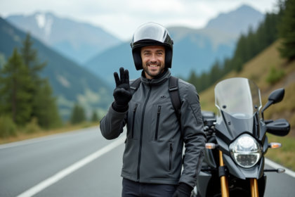 Motard en balade en montagne avec sa moto