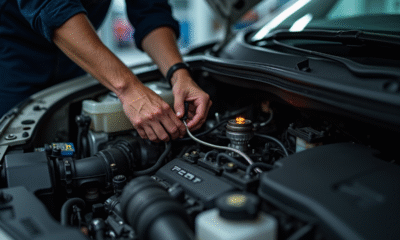 Moteur Peugeot avec mécanicien travaillant sur le relais de bougie