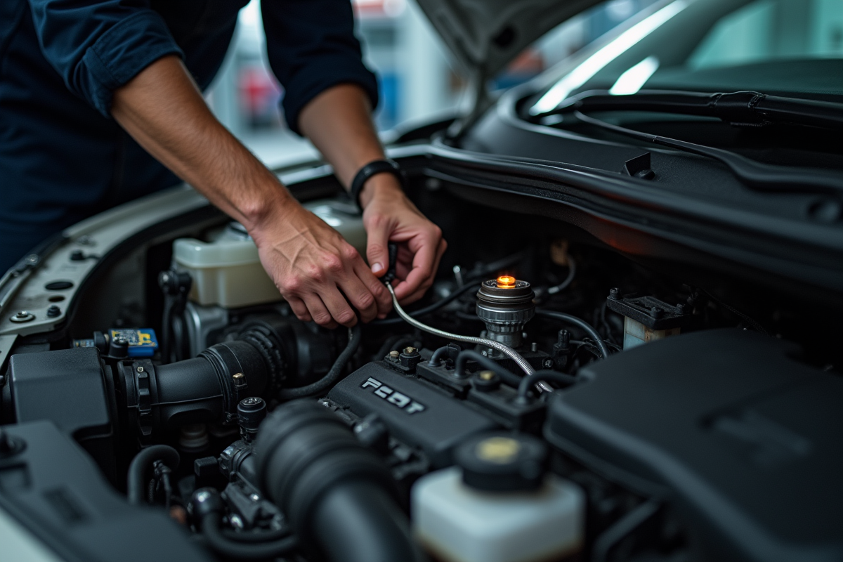 Moteur Peugeot avec mécanicien travaillant sur le relais de bougie
