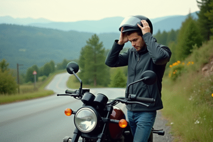 Jeune homme ajustant son casque près de sa moto en panne