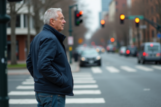 Homme en veste navy et jeans attend au passage piéton