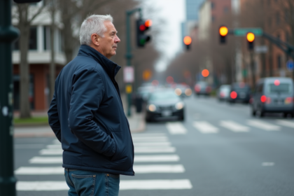 Homme en veste navy et jeans attend au passage piéton