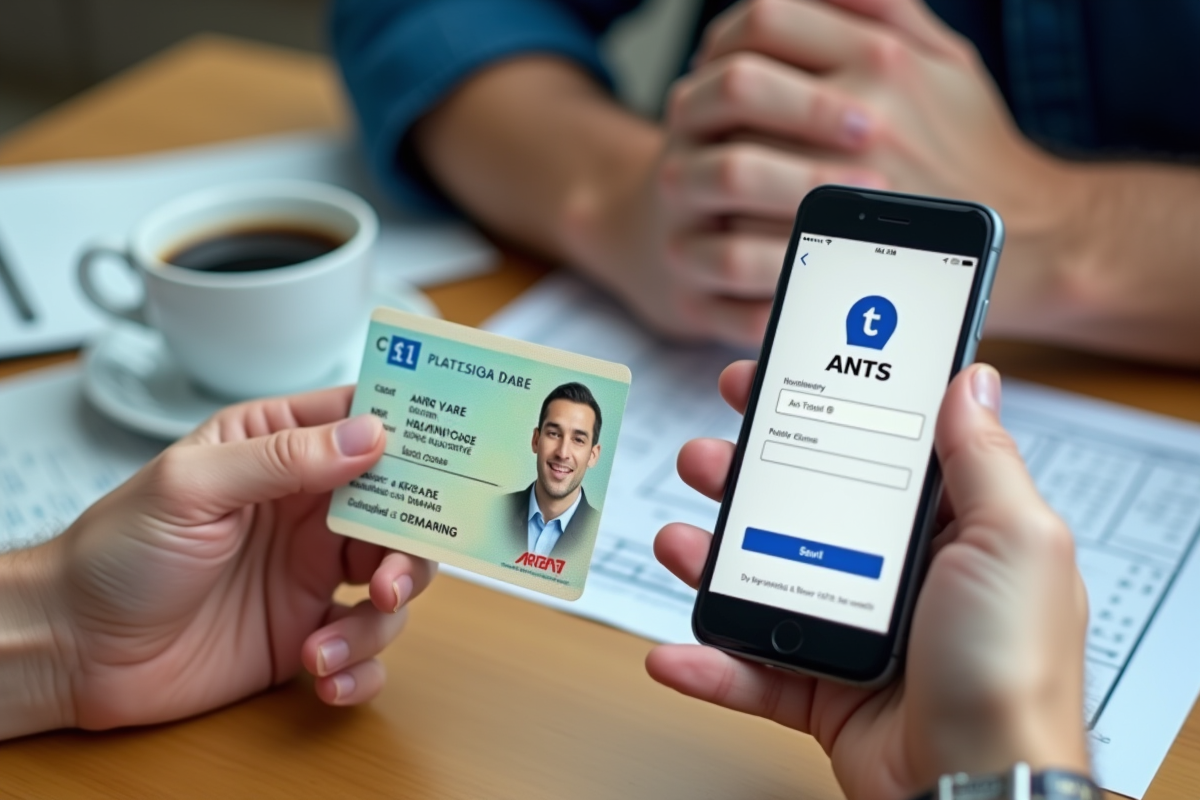 Mains tenant un permis de conduire français avec téléphone et papiers