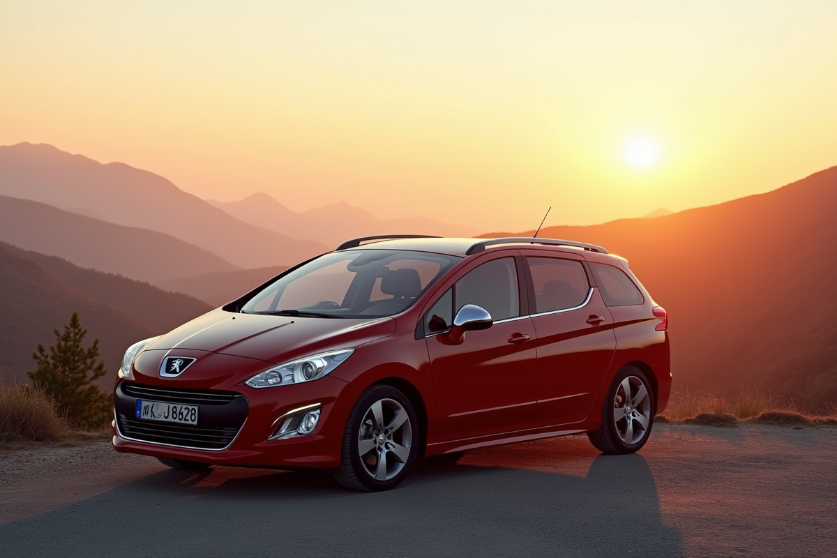 Peugeot 308 2015 stationnaire au lever du soleil en montagne