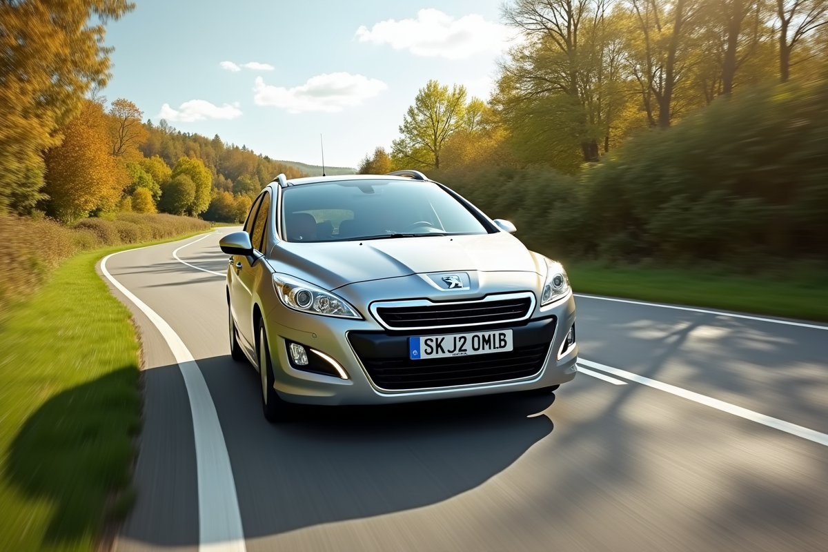 Peugeot 308 2015 en conduite sur route de campagne en plein jour