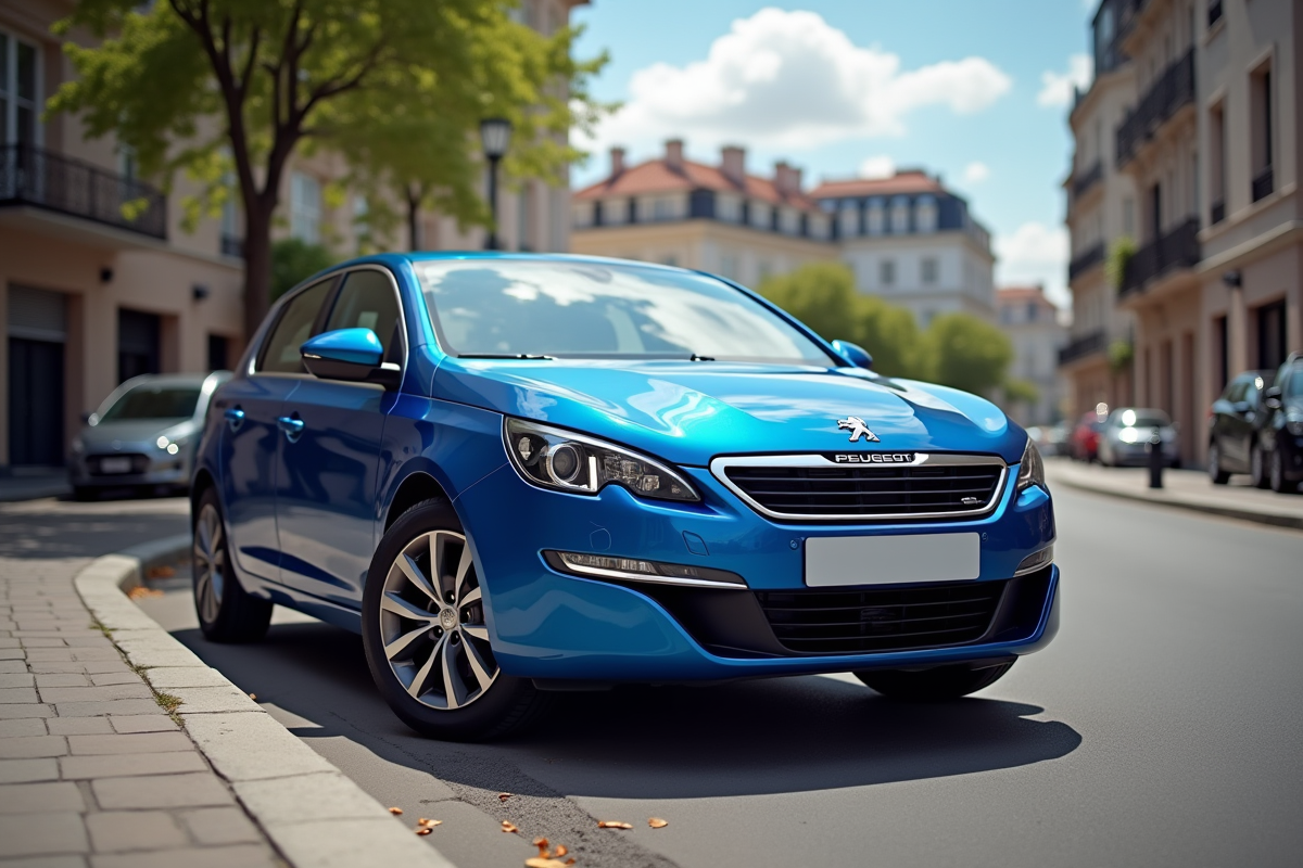 Voiture Peugeot 308 bleue en ville en plein jour