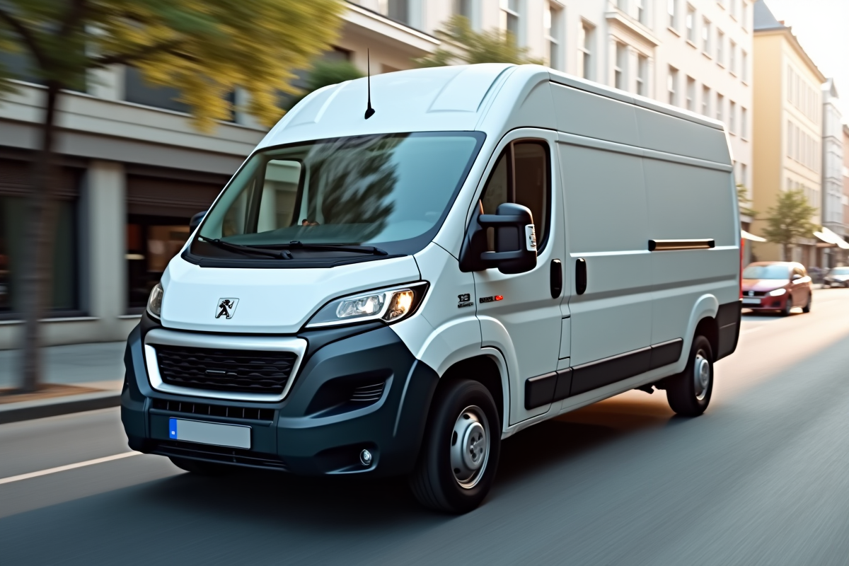 Peugeot Boxer vu de côté en milieu urbain
