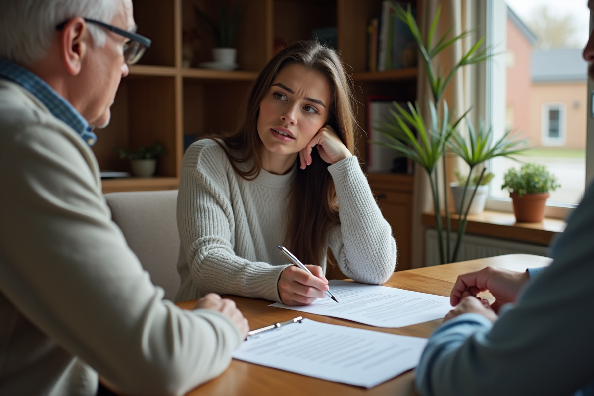 Jeune femme examinant un contrat avec un homme à la maison