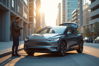 Voiture électrique en panne sur une rue urbaine avec conducteur vérifiant le câble de recharge
