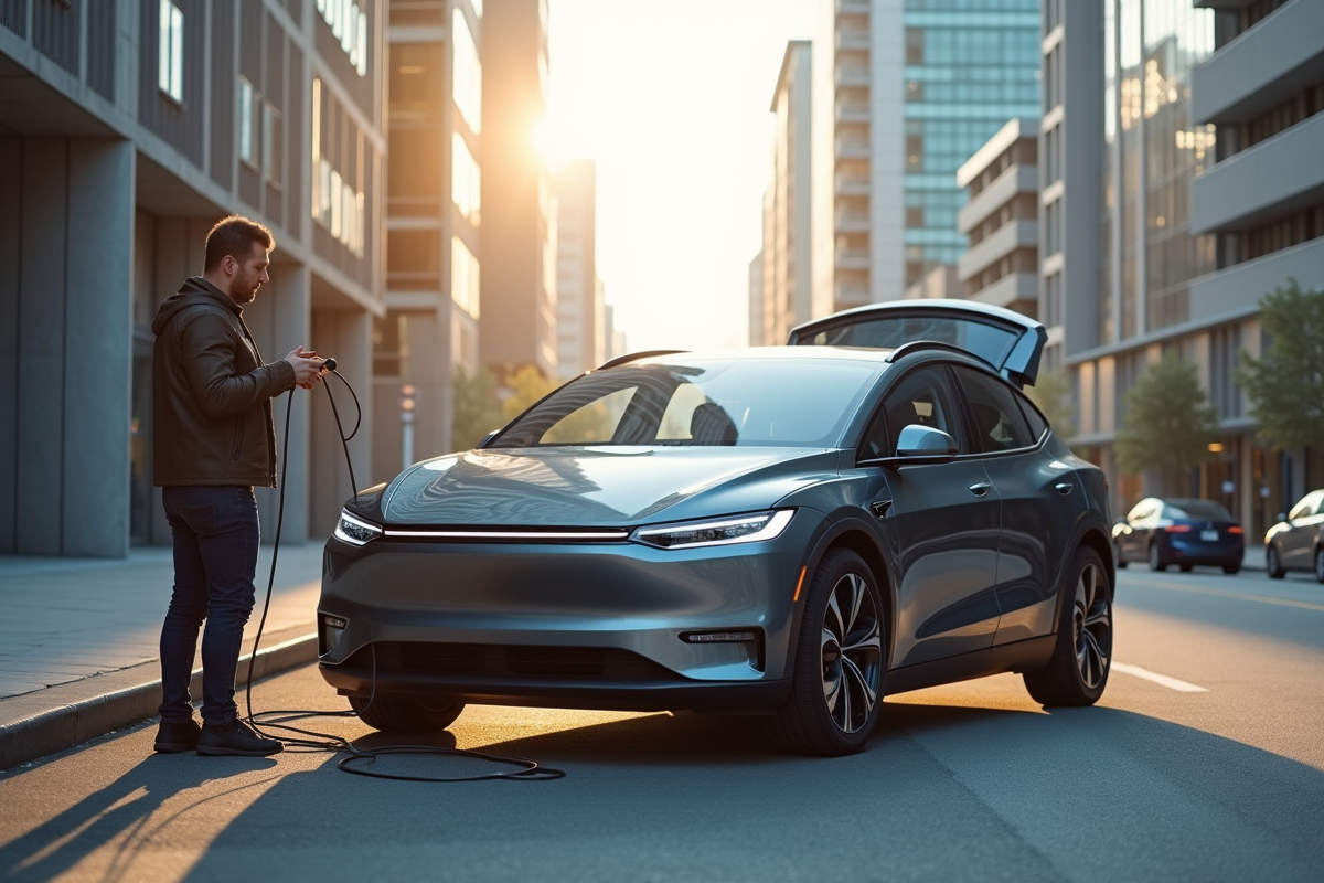 Voiture électrique en panne sur une rue urbaine avec conducteur vérifiant le câble de recharge